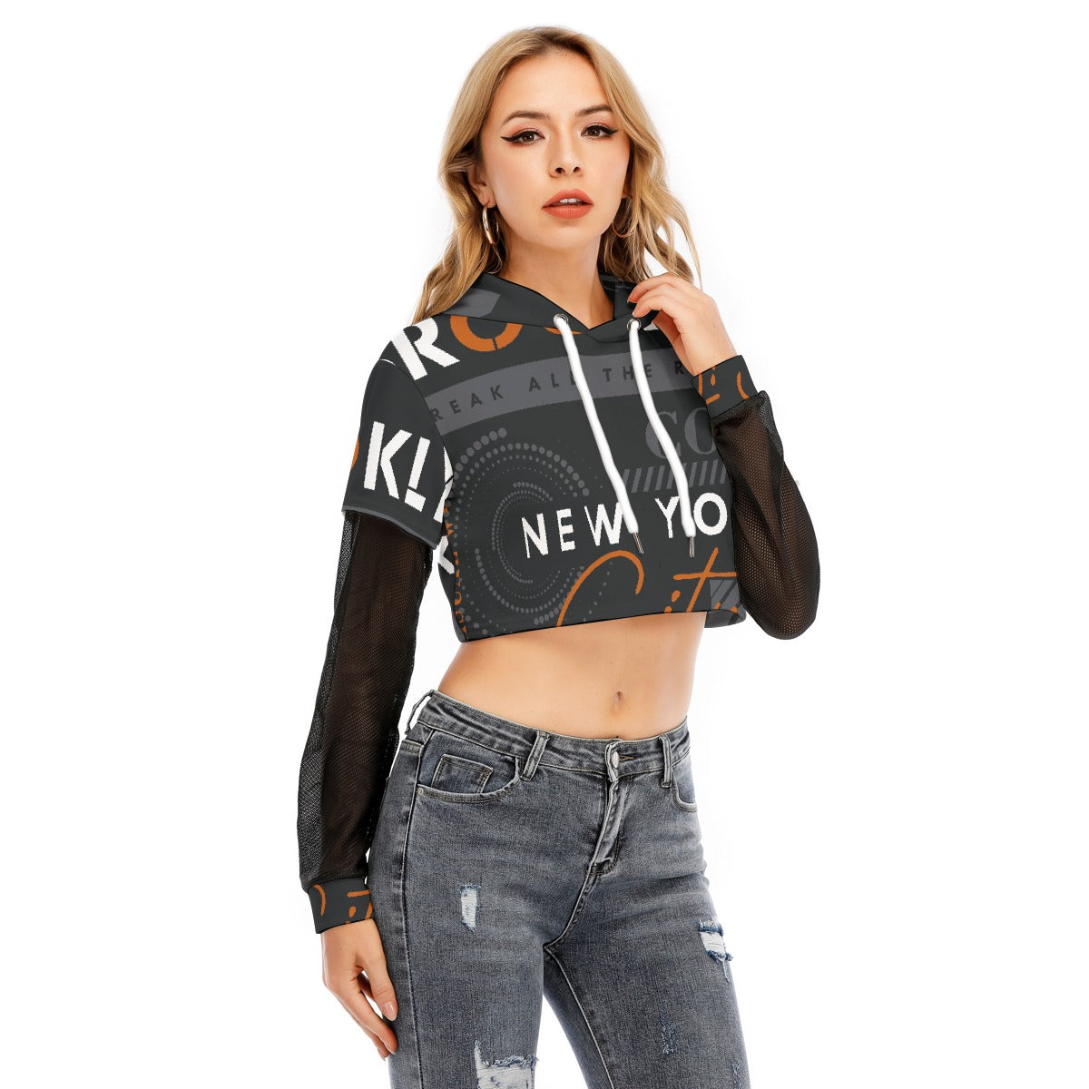 All-Over Print Women's Fake Two-piece Mesh Sleeve Cropped Hoodie