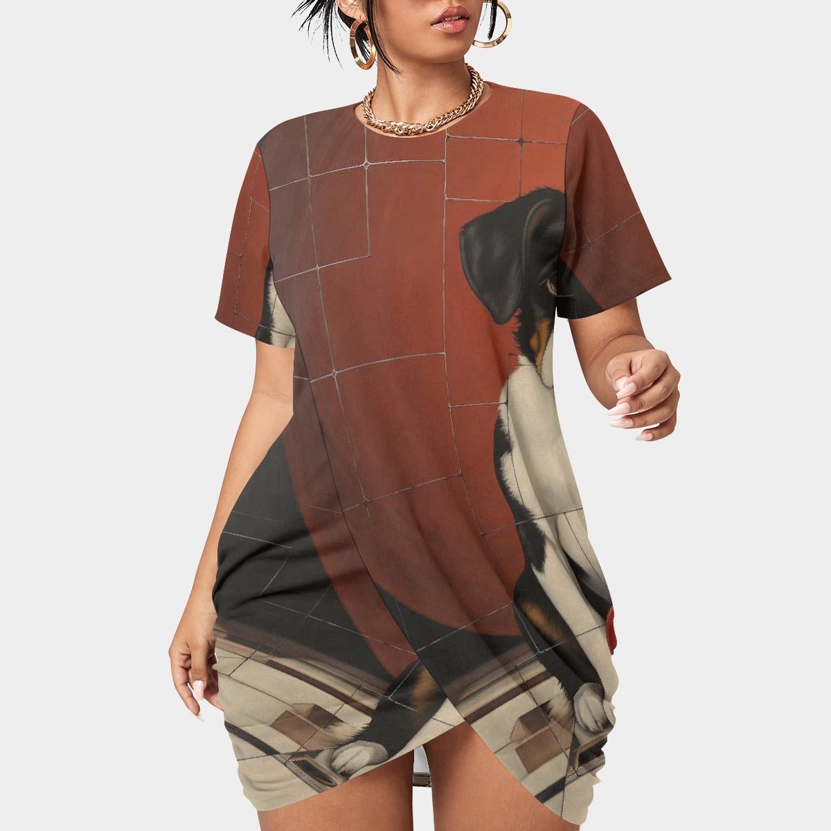 All-Over Print Women’s Stacked Hem Dress With Short Sleeve（Plus Size）