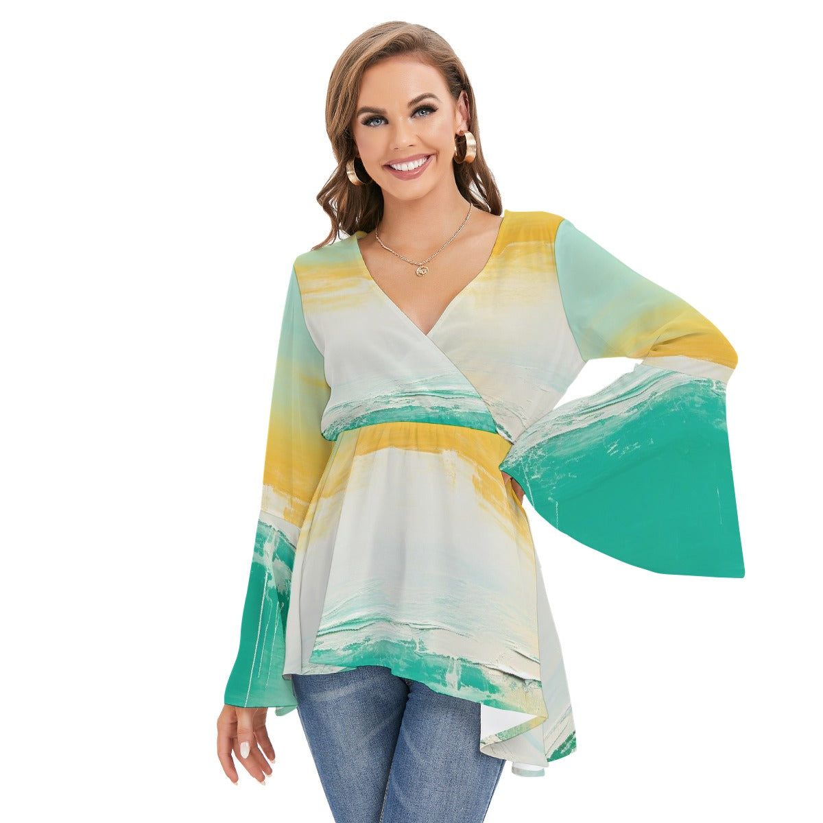 All-Over Print Women's V-neck Blouse With Flared Sleeves