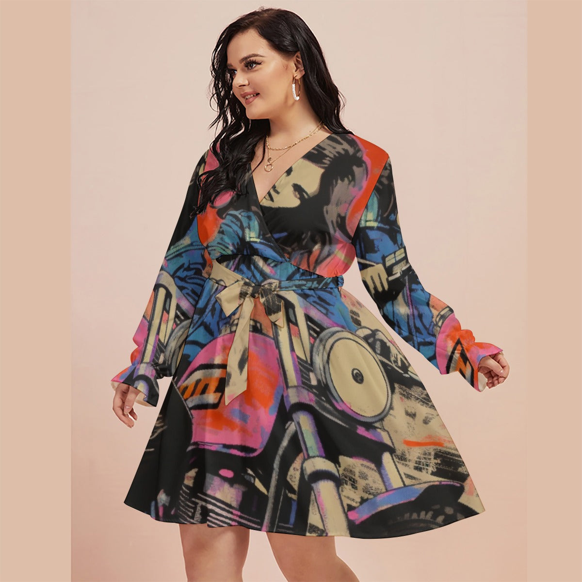 All-Over Print Women's V-neck Dress With Waistband(Plus Size)