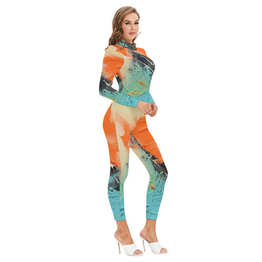 All-Over Print Women's Long-sleeved High-neck Jumpsuit With Zipper