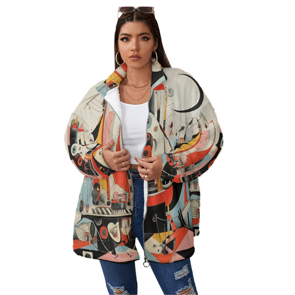 All-Over Print Unisex Borg Fleece Stand-up Collar Coat With Zipper Closure(Plus Size)