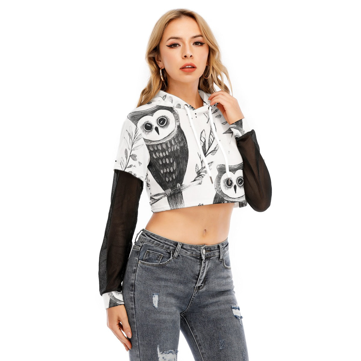All-Over Print Women's Fake Two-piece Mesh Sleeve Cropped Hoodie