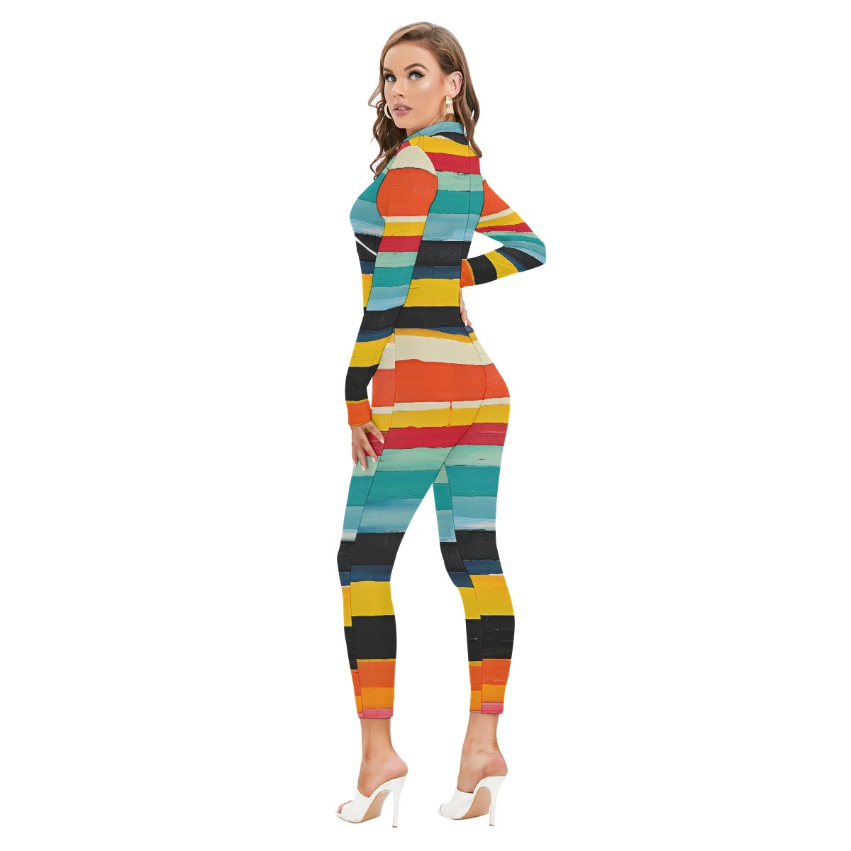 All-Over Print Women's Long-sleeved High-neck Jumpsuit With Zipper