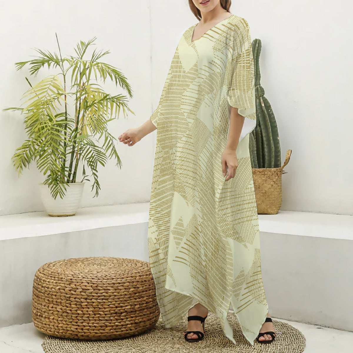 All-Over Print Women's Imitation Silk V-neck Kaftan Robe