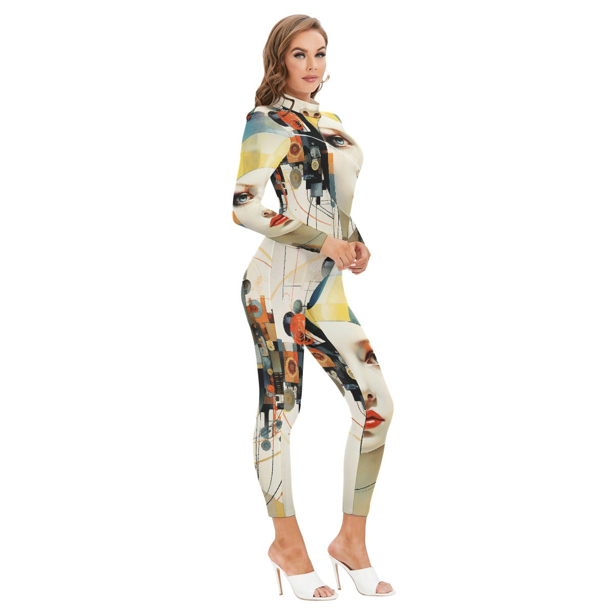 All-Over Print Women's Long-sleeved High-neck Jumpsuit With Zipper