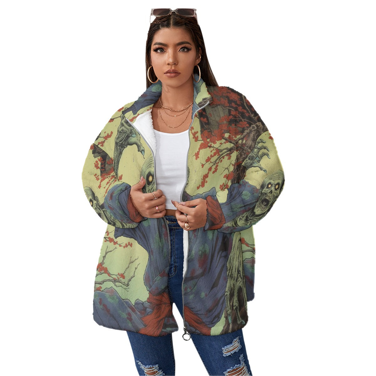 All-Over Print Unisex Borg Fleece Stand-up Collar Coat With Zipper Closure(Plus Size)