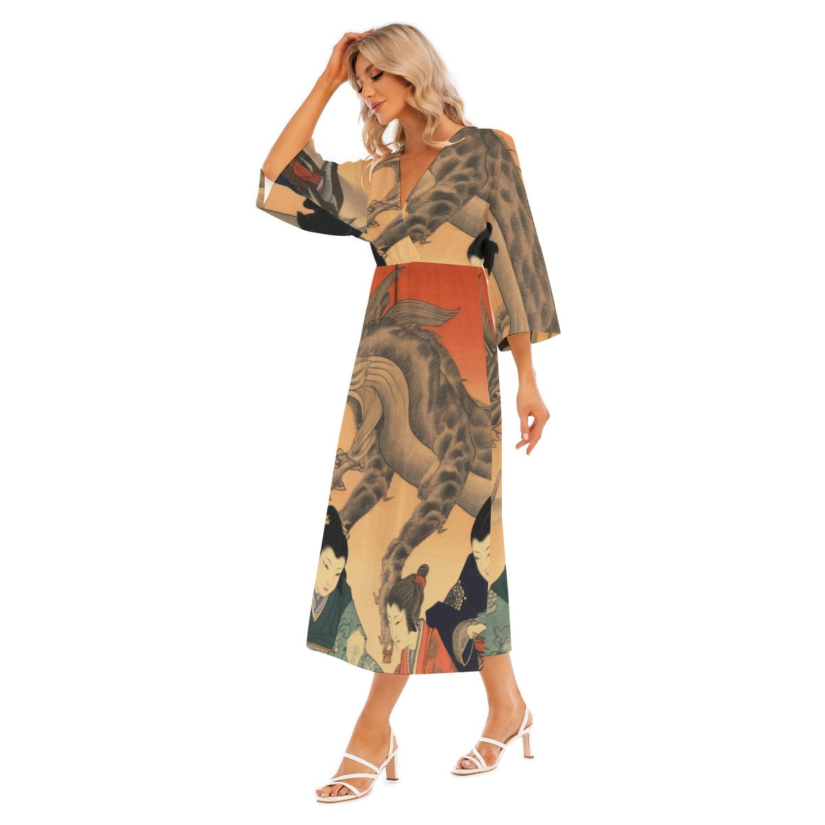 All-Over Print Women's Mid-Sleeve Long Dress