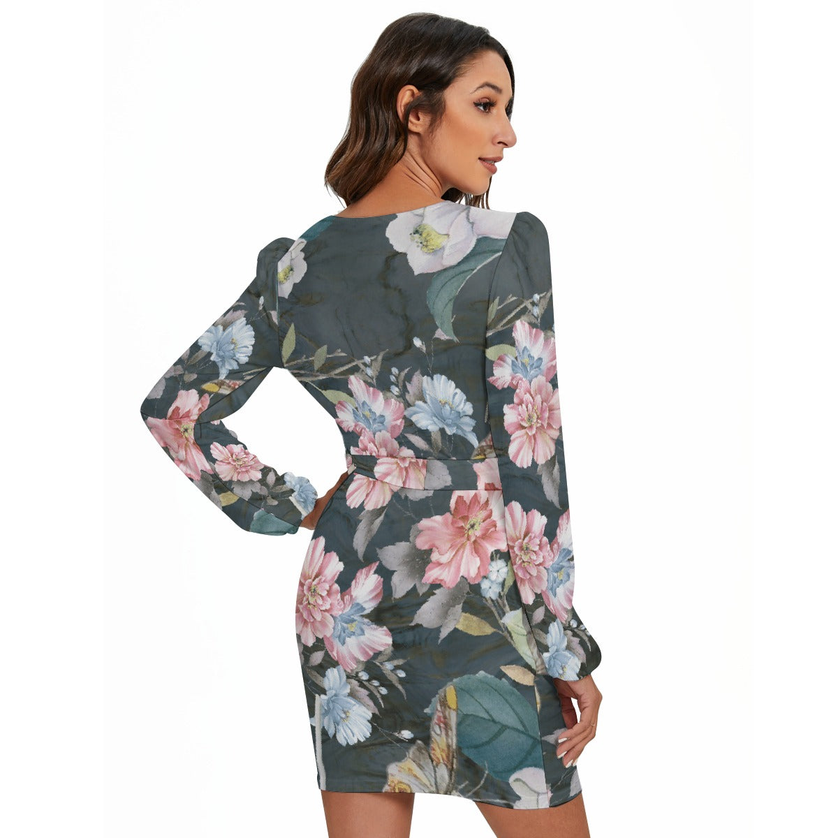 All-Over Print Women's Long Sleeve Dress With Waist Belt