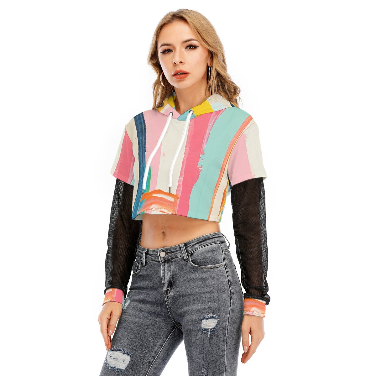 All-Over Print Women's Fake Two-piece Mesh Sleeve Cropped Hoodie