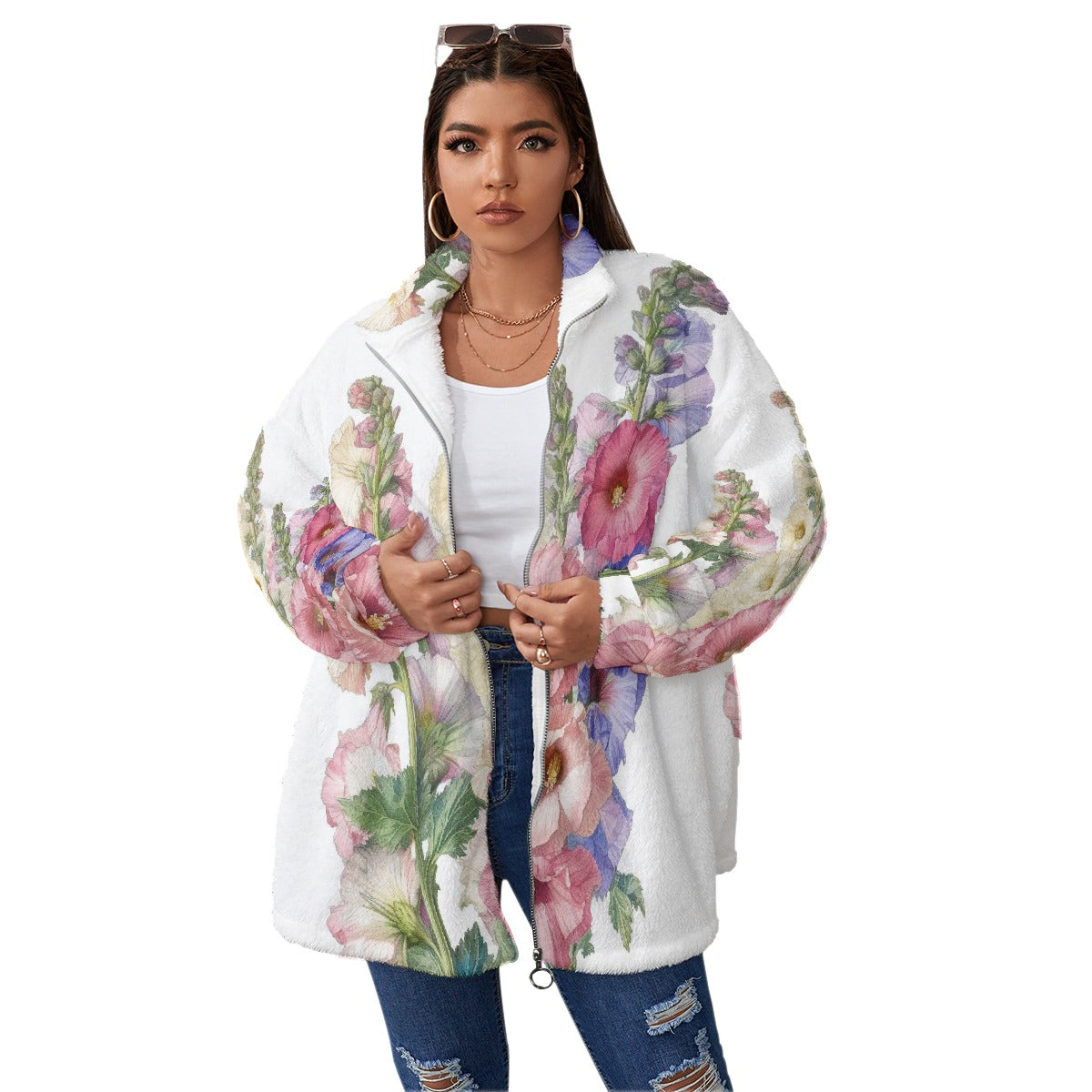 All-Over Print Unisex Borg Fleece Stand-up Collar Coat With Zipper Closure(Plus Size)