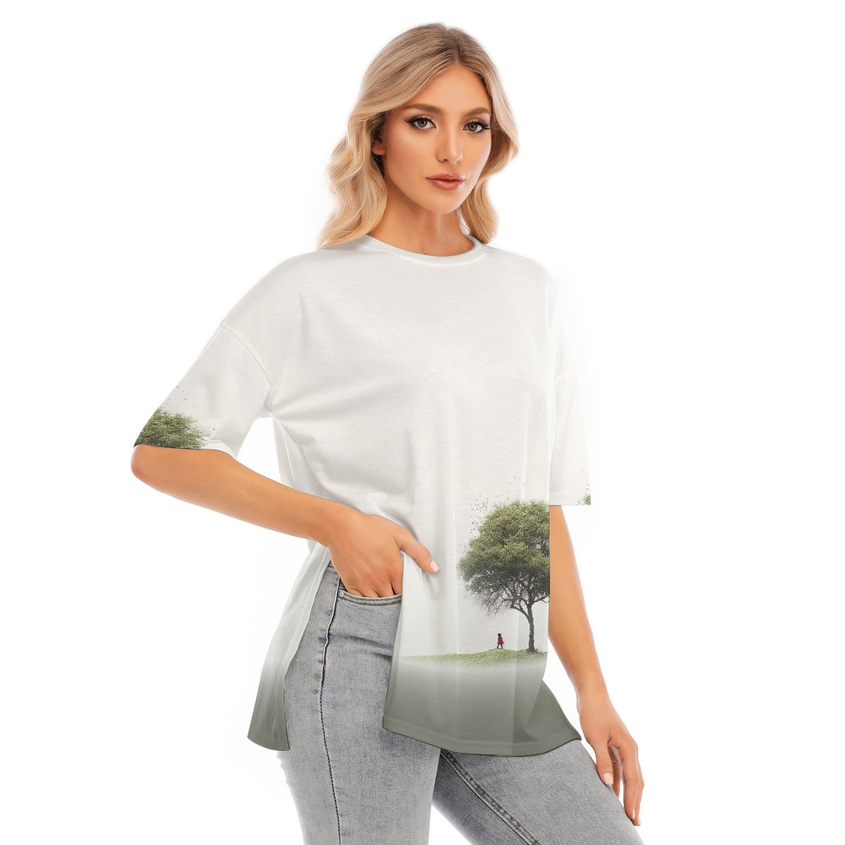 All-Over Print Women's Short Sleeves T-shirt With Hem Split