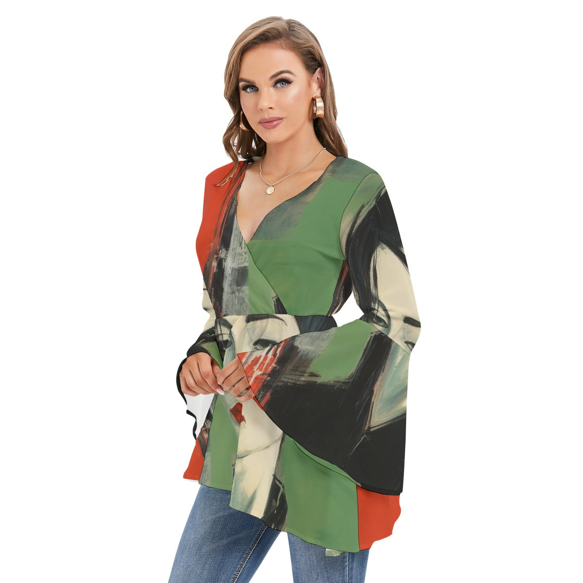 All-Over Print Women's V-neck Blouse With Flared Sleeves
