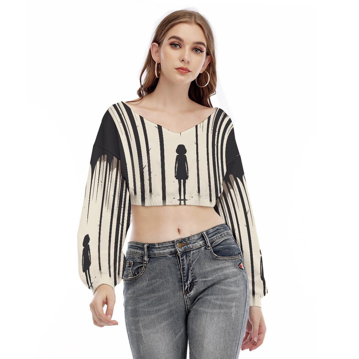 All-Over Print Women's V-neck Long Sleeve Cropped Sweatshirt