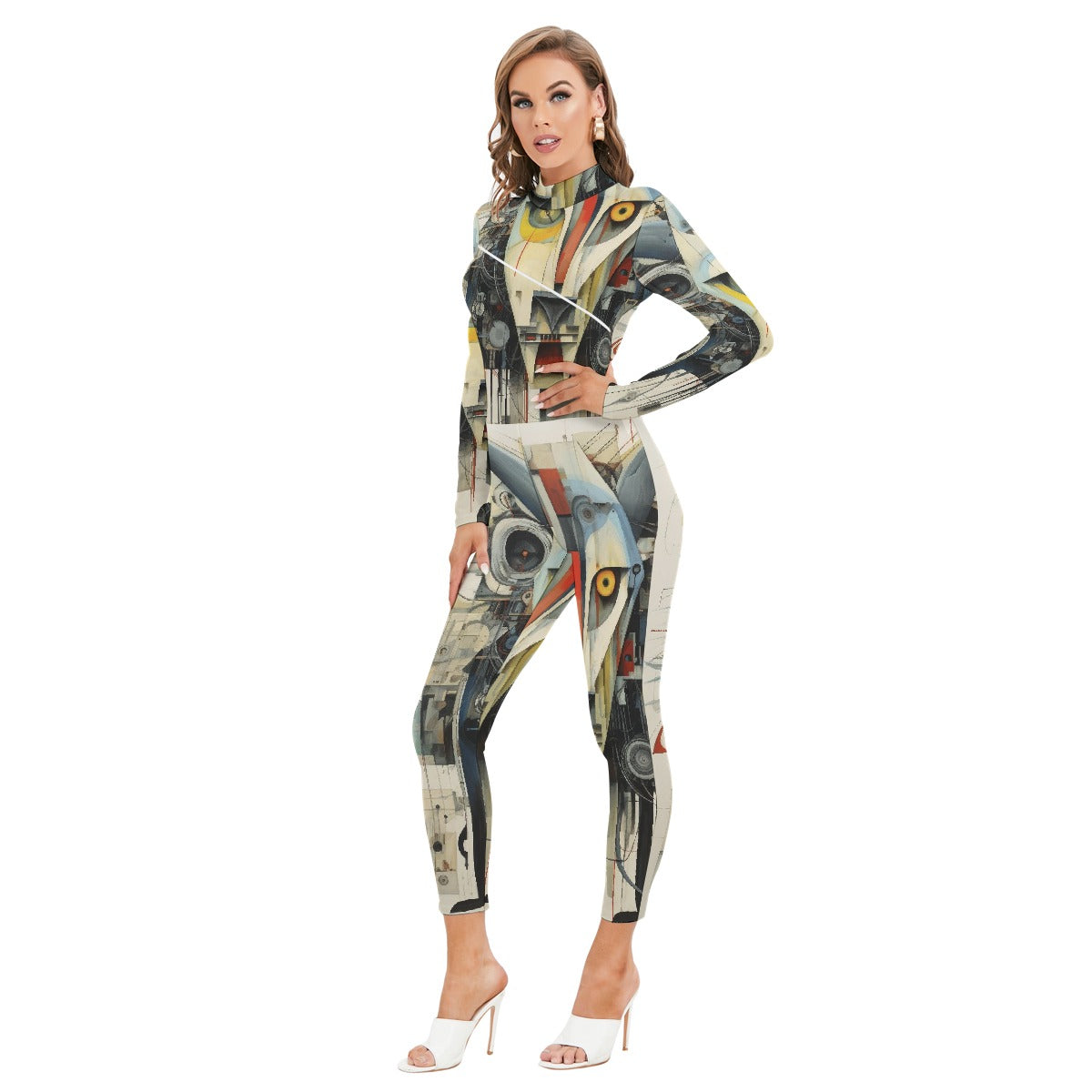 All-Over Print Women's Long-sleeved High-neck Jumpsuit With Zipper