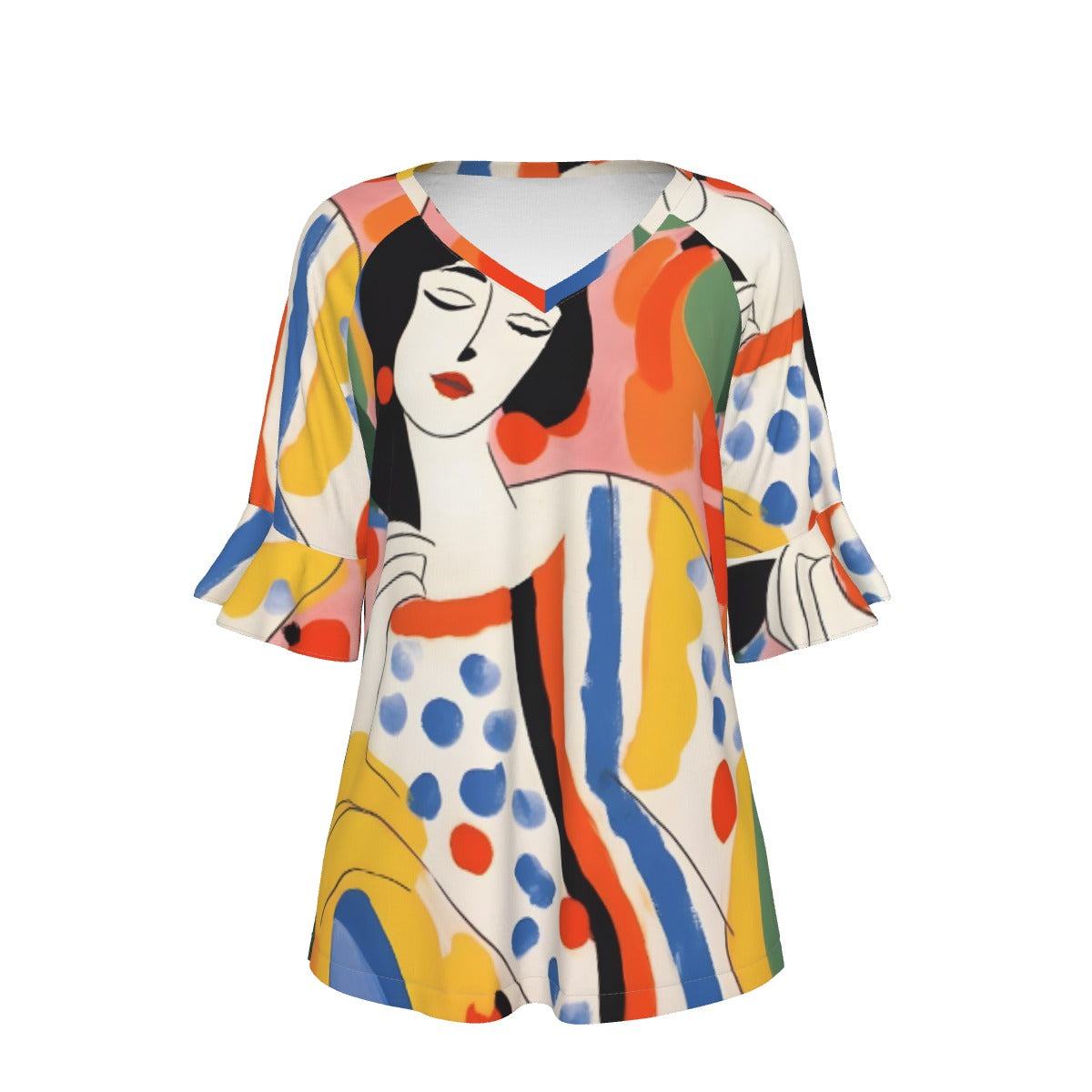 All-Over Print V-neck Women's T-shirt With Bell Sleeve