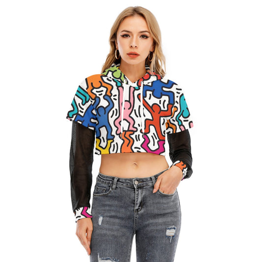 All-Over Print Women's Fake Two-piece Mesh Sleeve Cropped Hoodie