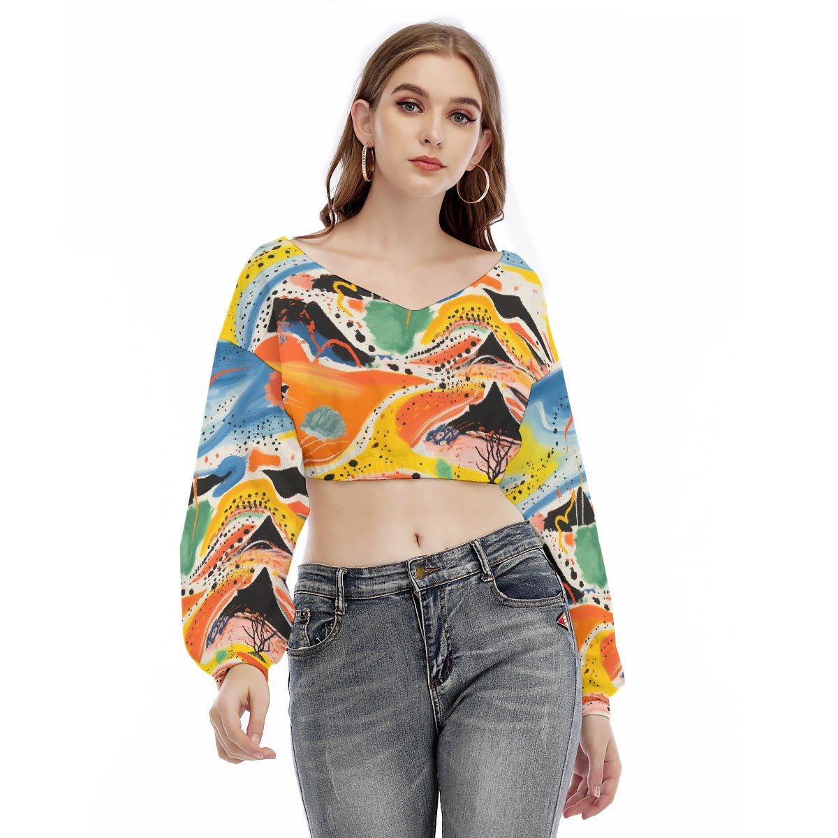 All-Over Print Women's V-neck Long Sleeve Cropped Sweatshirt