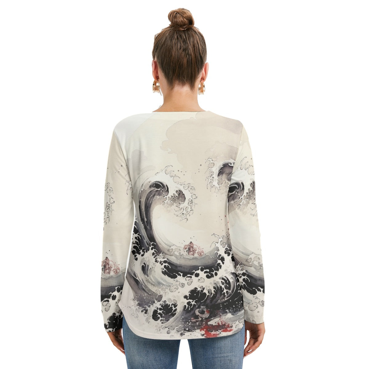 All-Over Print Women's Long Sleeve Neckline Tie Sweatshirt