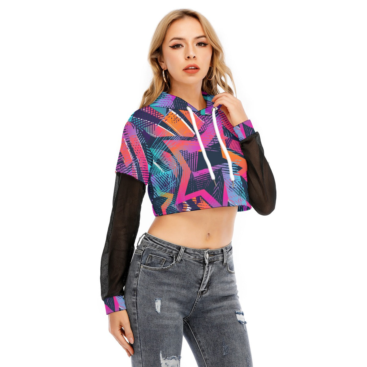 All-Over Print Women's Fake Two-piece Mesh Sleeve Cropped Hoodie