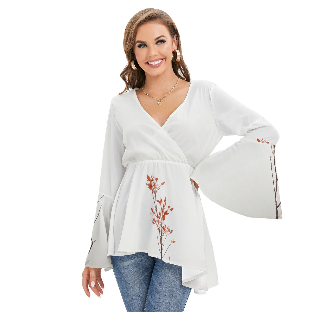 All-Over Print Women's V-neck Blouse With Flared Sleeves