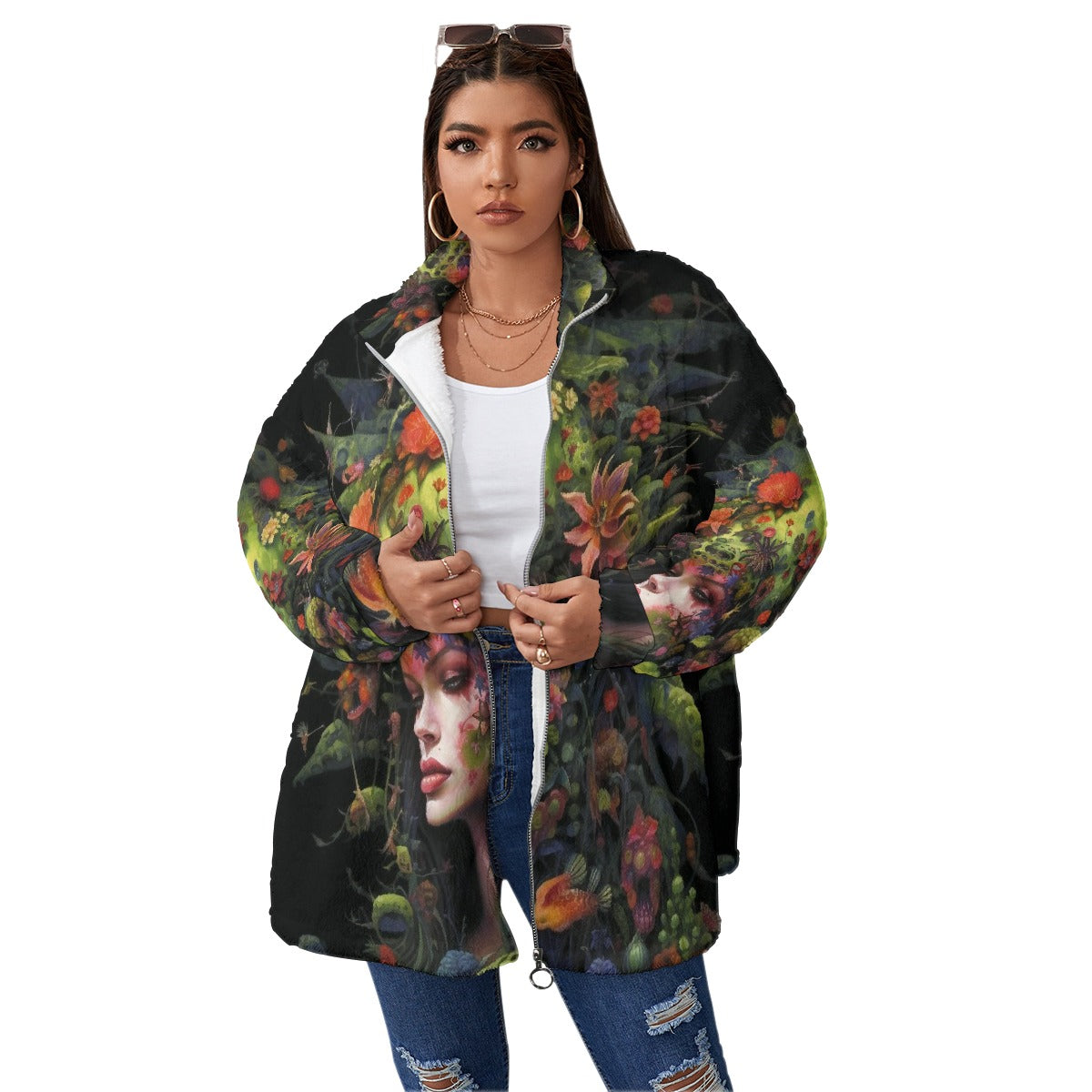 All-Over Print Unisex Borg Fleece Stand-up Collar Coat With Zipper Closure(Plus Size)