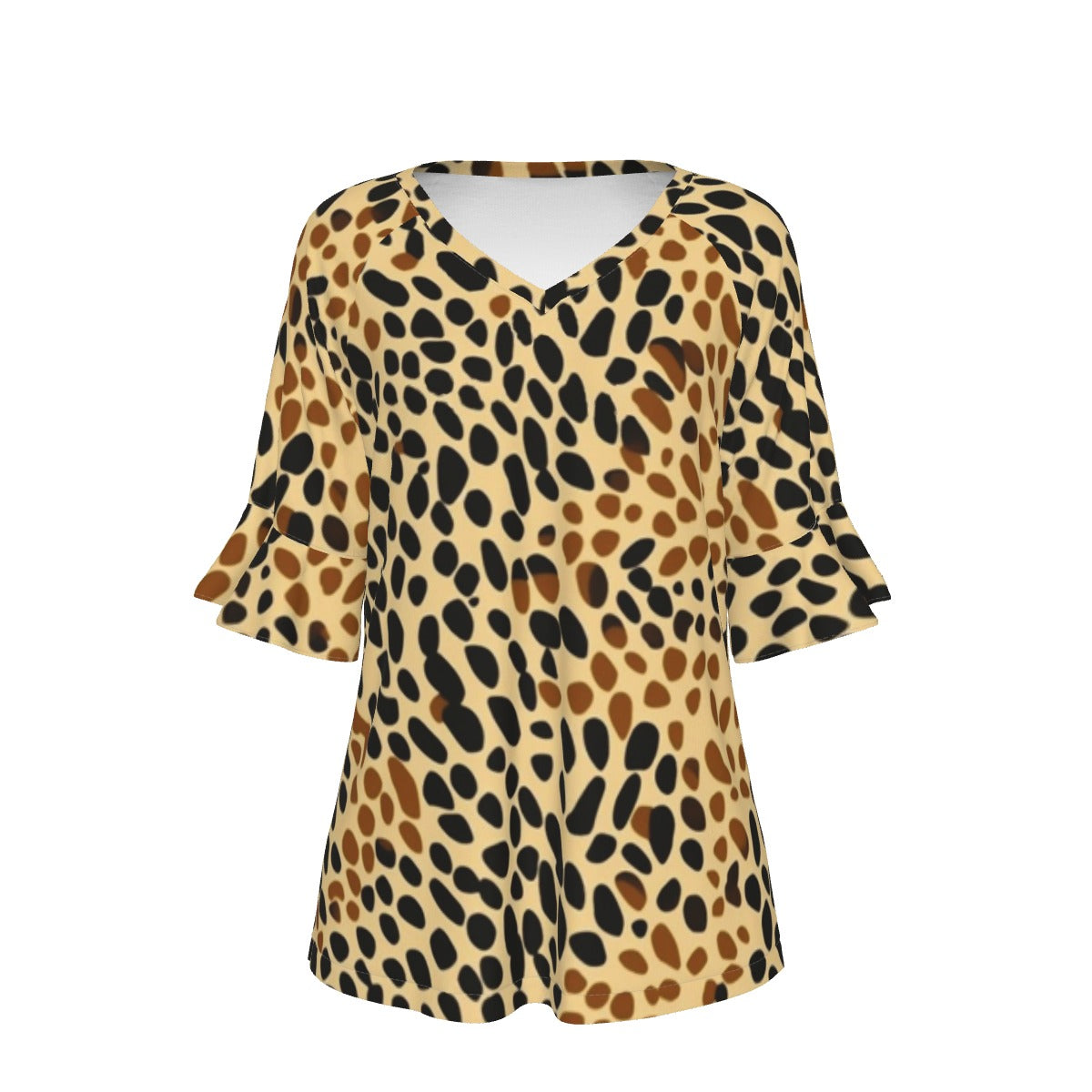 All-Over Print V-neck Women's T-shirt With Bell Sleeve