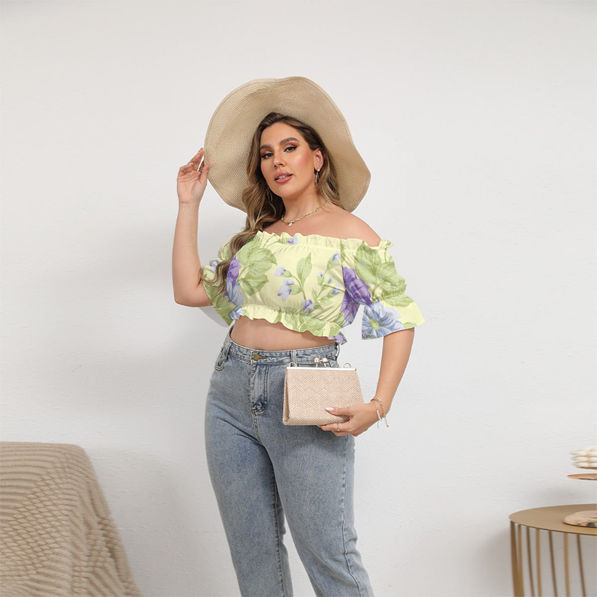 All-Over Print Women's Off-shoulder Cropped Top With Short Puff Sleeve