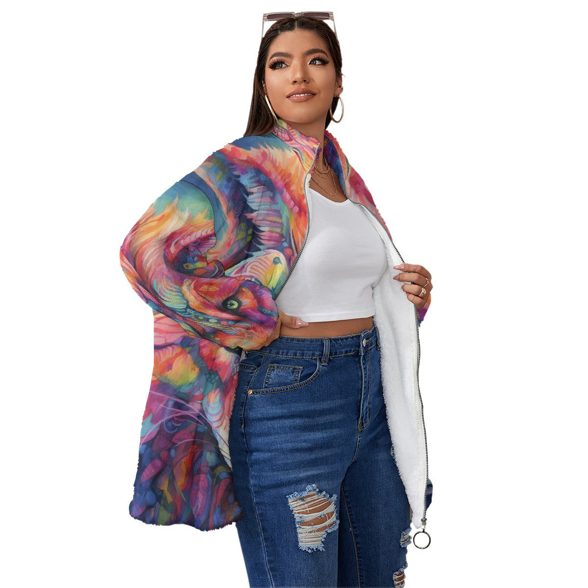 All-Over Print Unisex Borg Fleece Stand-up Collar Coat With Zipper Closure(Plus Size)