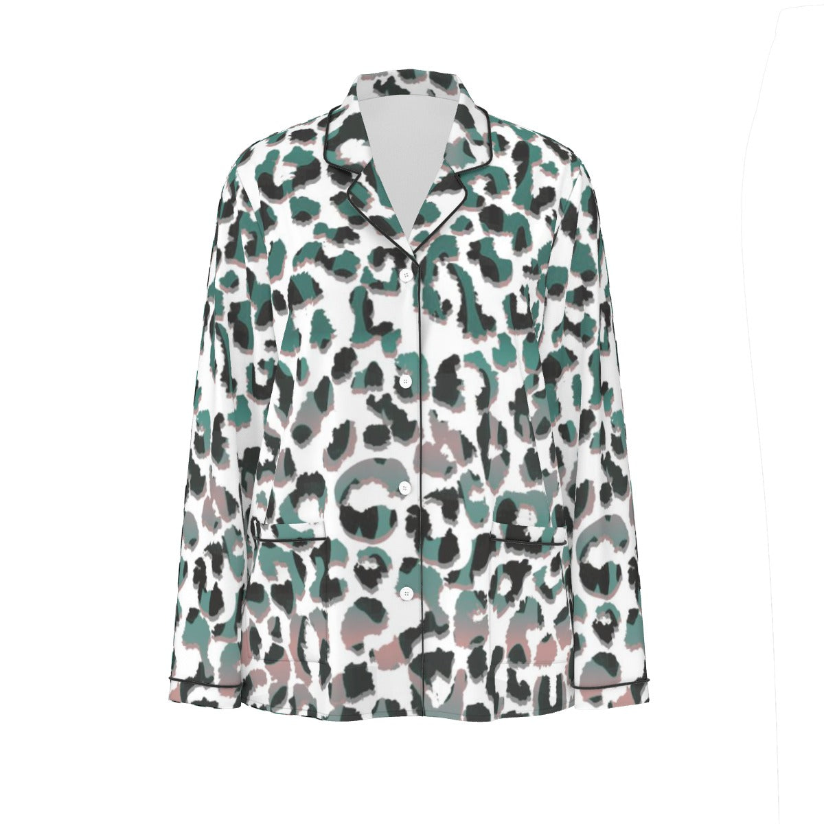 All-Over Print Women's Long Sleeve Pajama Set With Black Contrast Piping