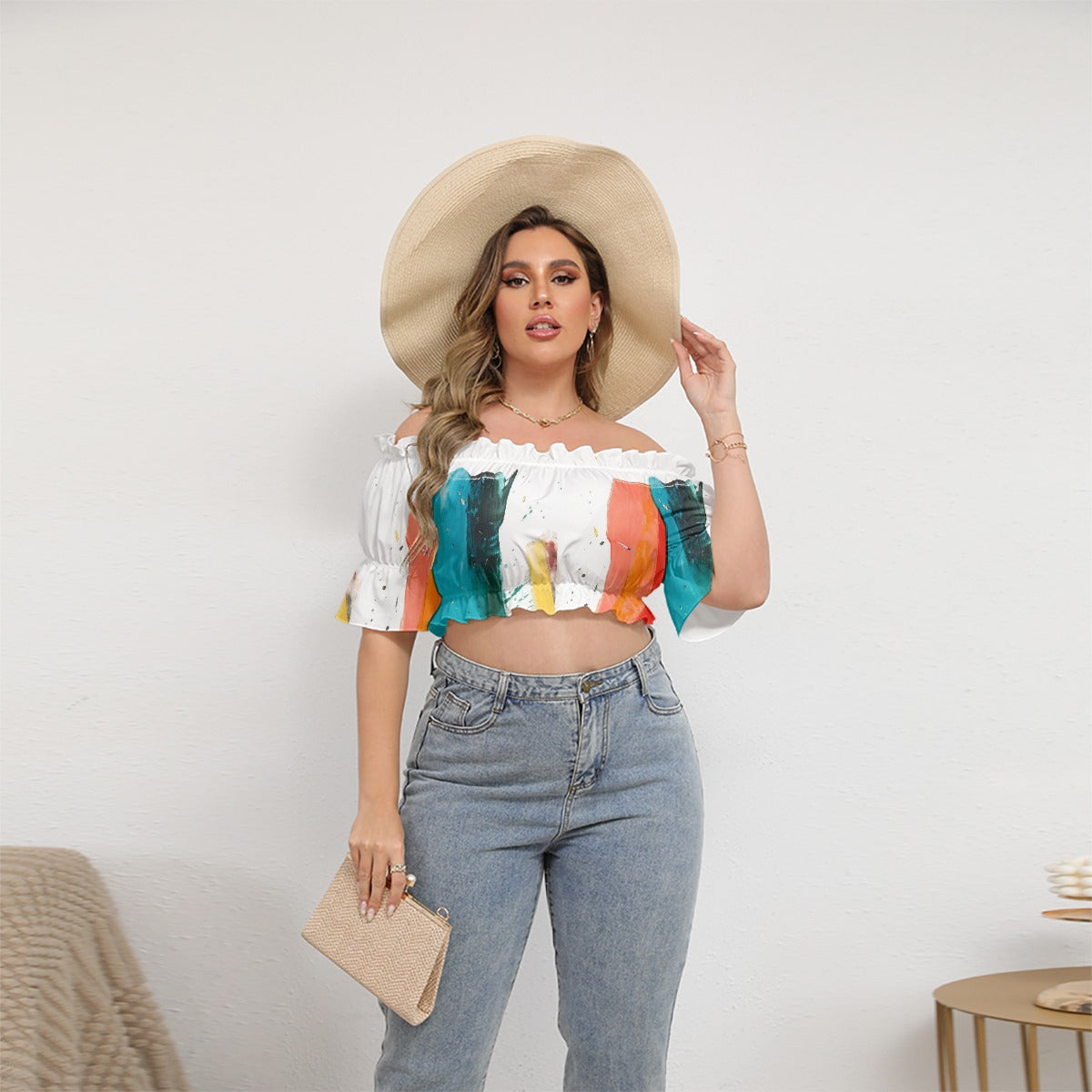 All-Over Print Women's Off-shoulder Cropped Top With Short Puff Sleeve