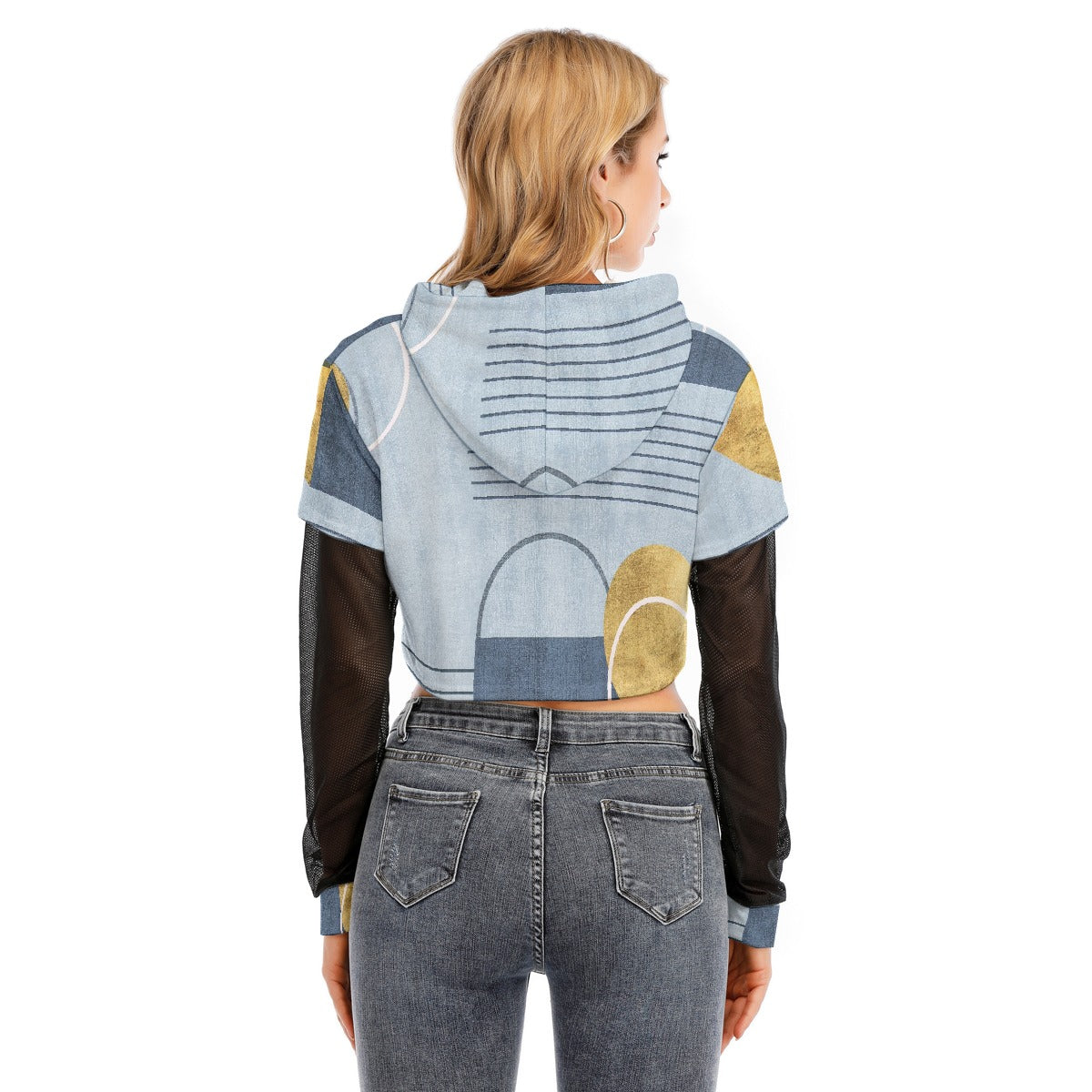 All-Over Print Women's Fake Two-piece Mesh Sleeve Cropped Hoodie