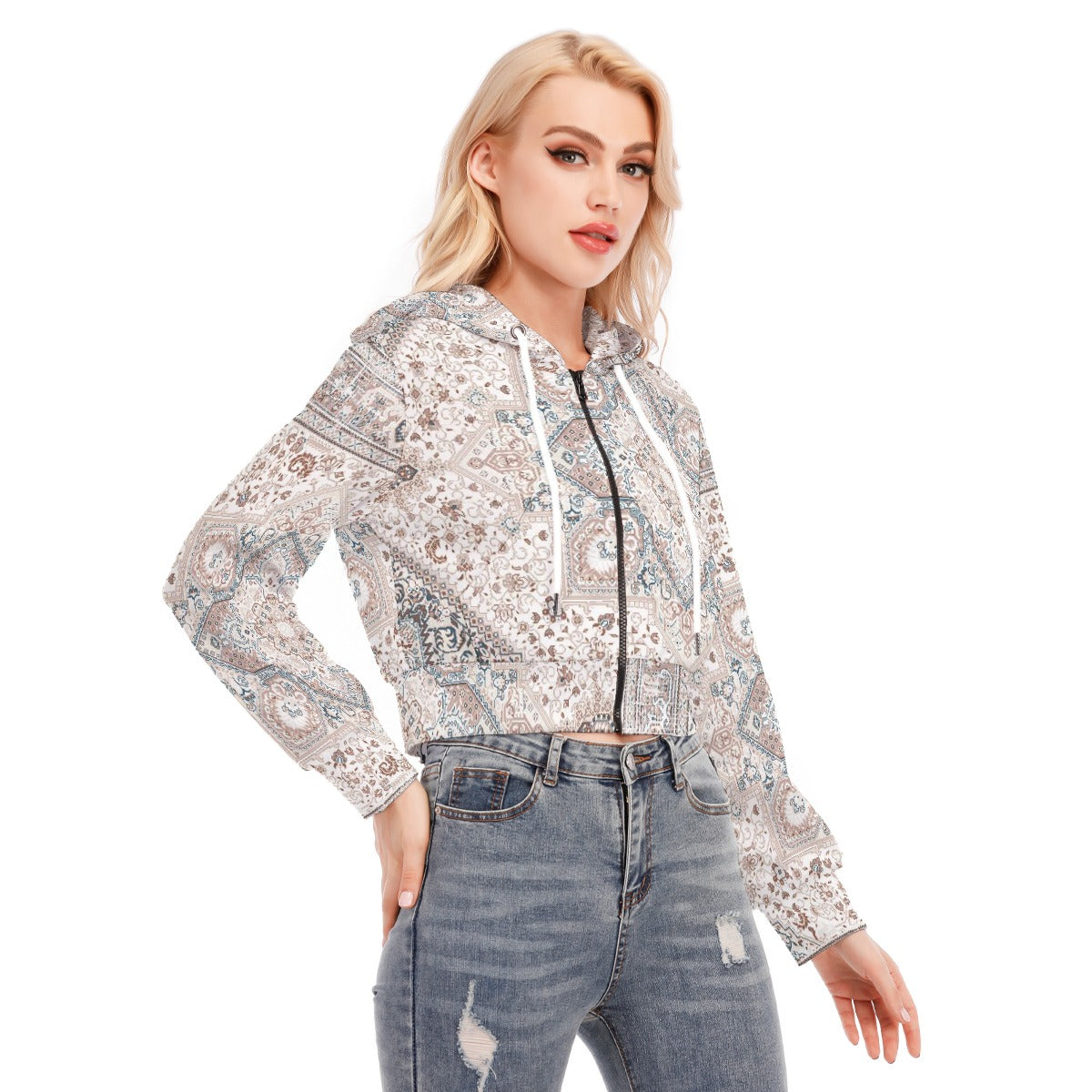 All-Over Print Women's Crop Top Hoodie With Zipper Closure