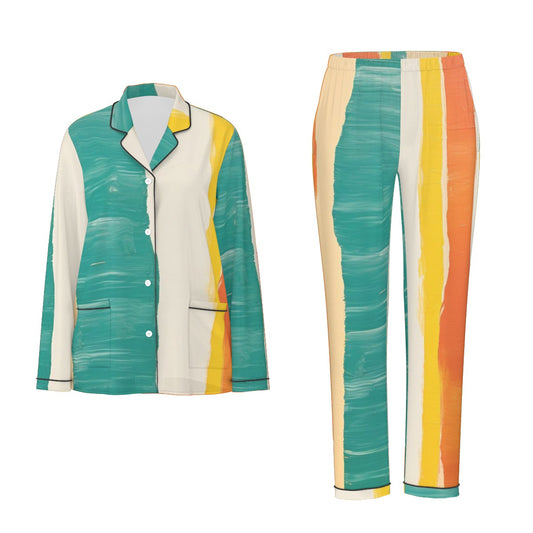 All-Over Print Women's Long Sleeve Pajama Set With Black Contrast Piping