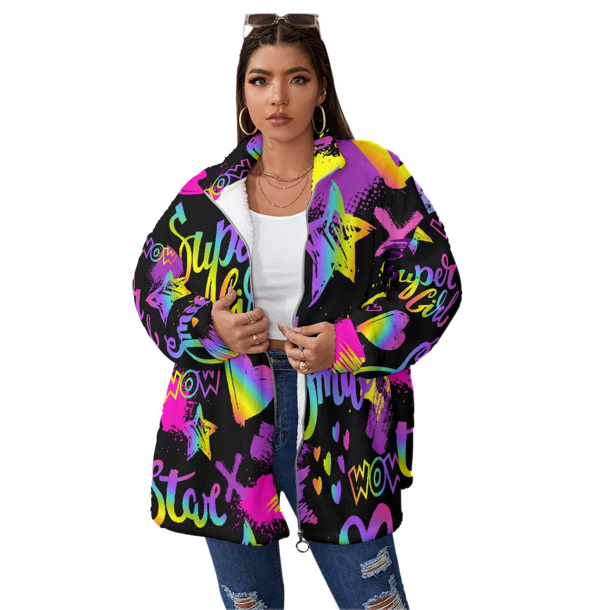 All-Over Print Unisex Borg Fleece Stand-up Collar Coat With Zipper Closure(Plus Size)