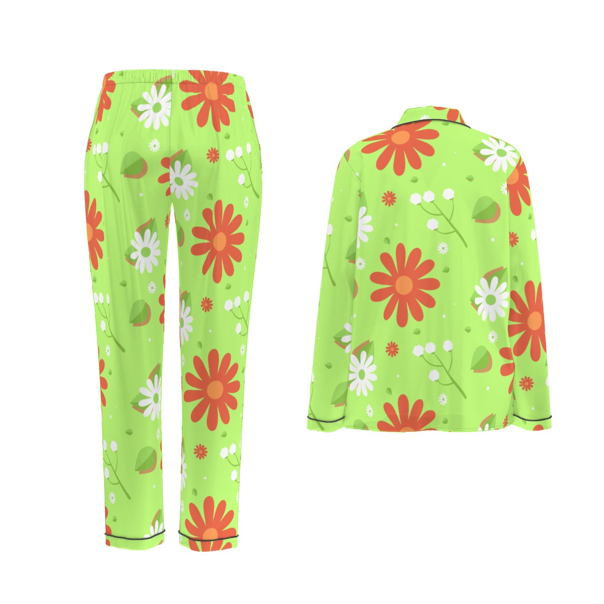 All-Over Print Women's Long Sleeve Pajama Set With Black Contrast Piping