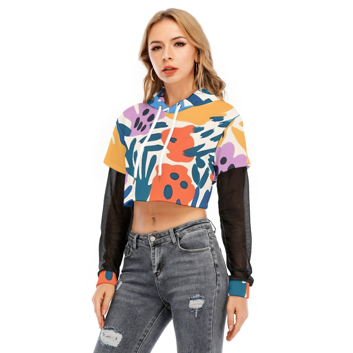 All-Over Print Women's Fake Two-piece Mesh Sleeve Cropped Hoodie