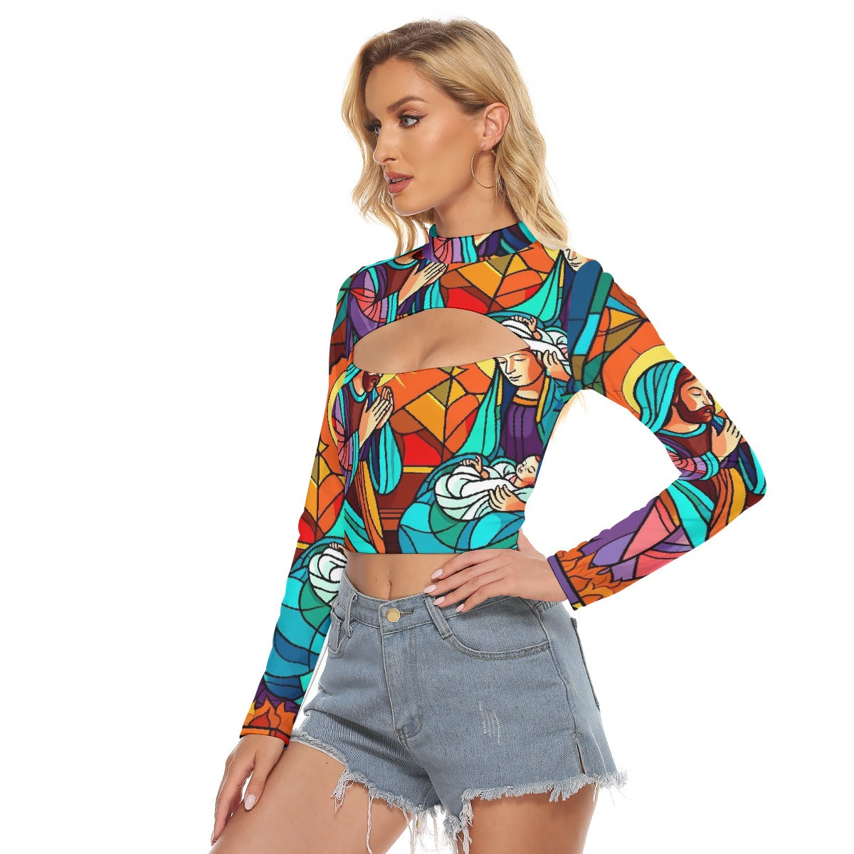 All-Over Print Women's Hollow Chest Keyhole Tight Crop Top