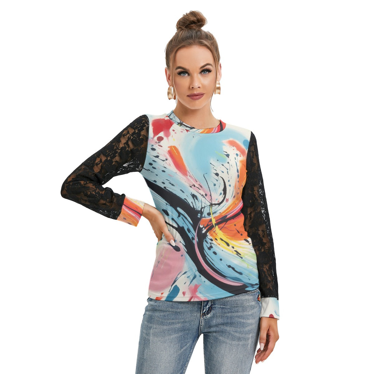 All-Over Print Women's T-shirt And Sleeve With Black Lace