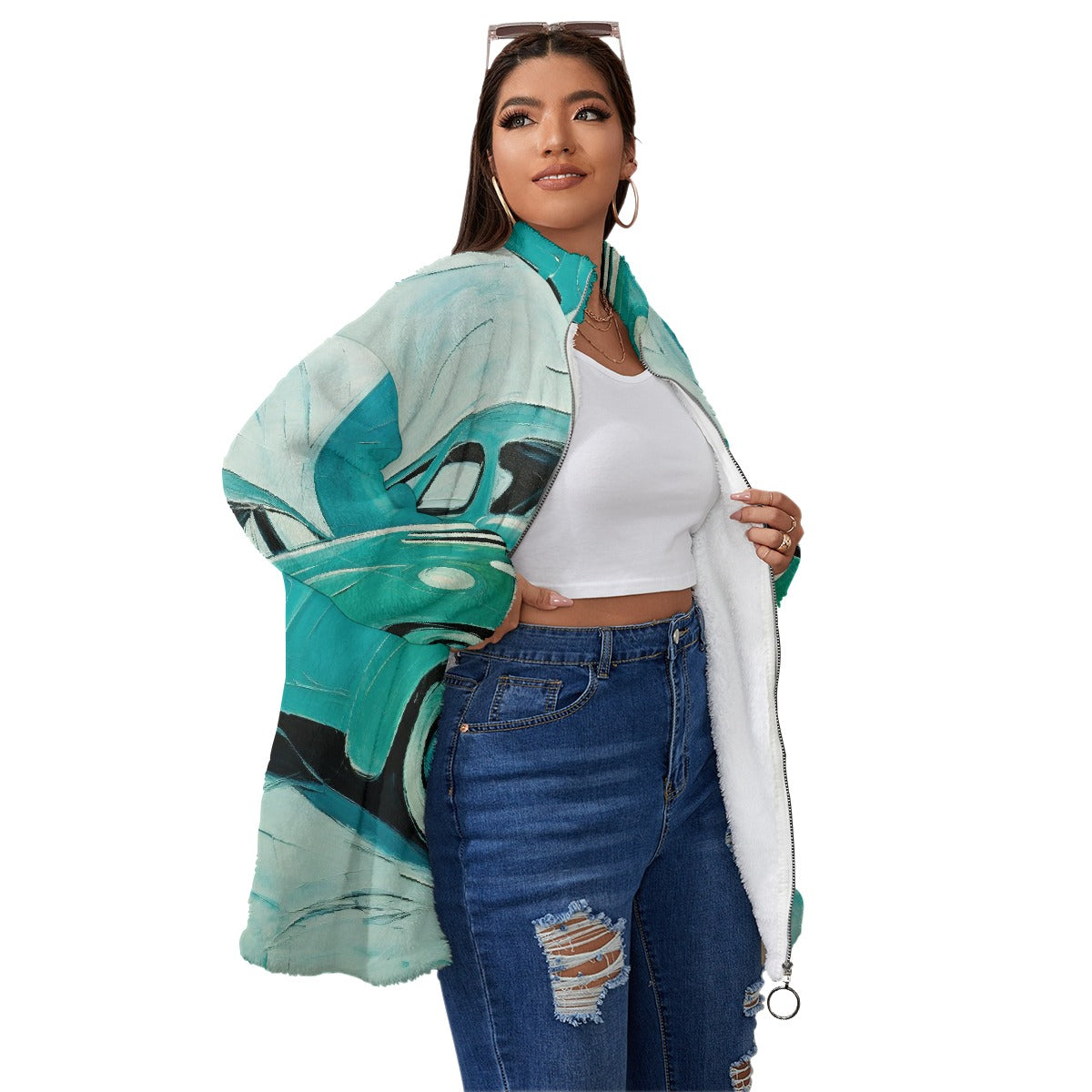 All-Over Print Unisex Borg Fleece Stand-up Collar Coat With Zipper Closure(Plus Size)