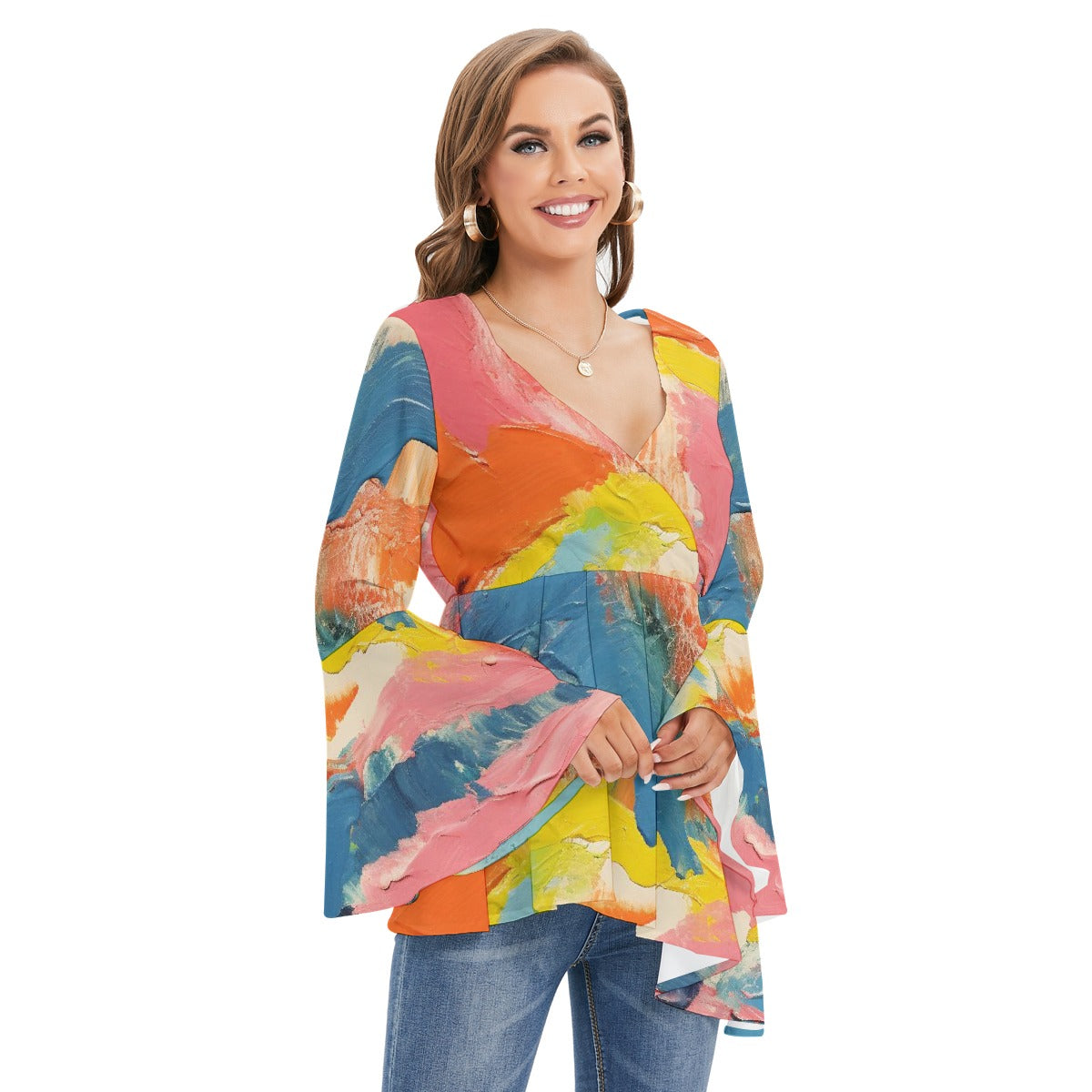All-Over Print Women's V-neck Blouse With Flared Sleeves