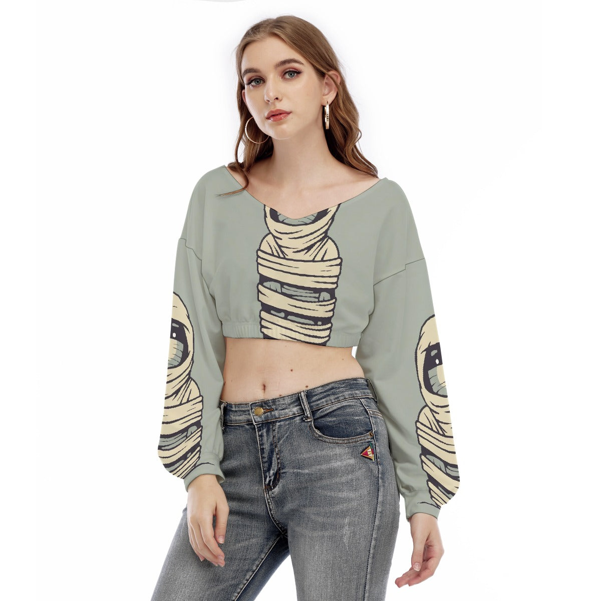 All-Over Print Women's V-neck Long Sleeve Cropped Sweatshirt
