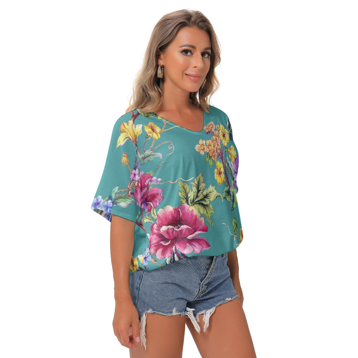 All-Over Print Women's Bat Sleeves V-Neck Blouse
