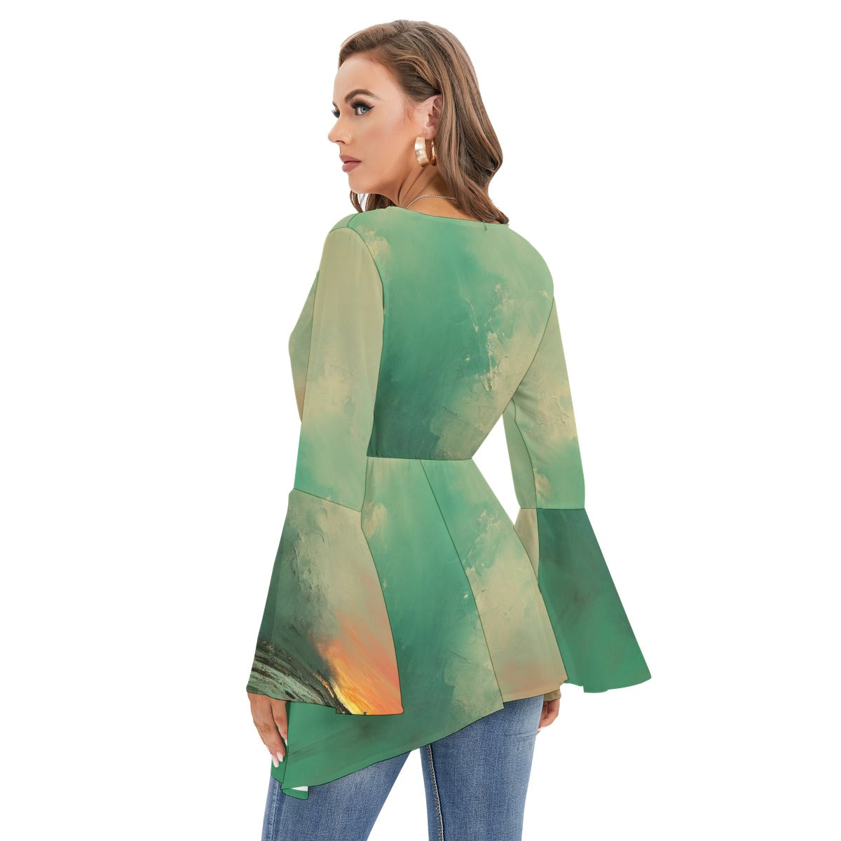 All-Over Print Women's V-neck Blouse With Flared Sleeves