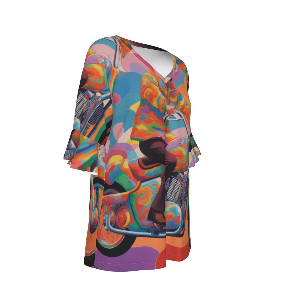 All-Over Print V-neck Women's T-shirt With Bell Sleeve