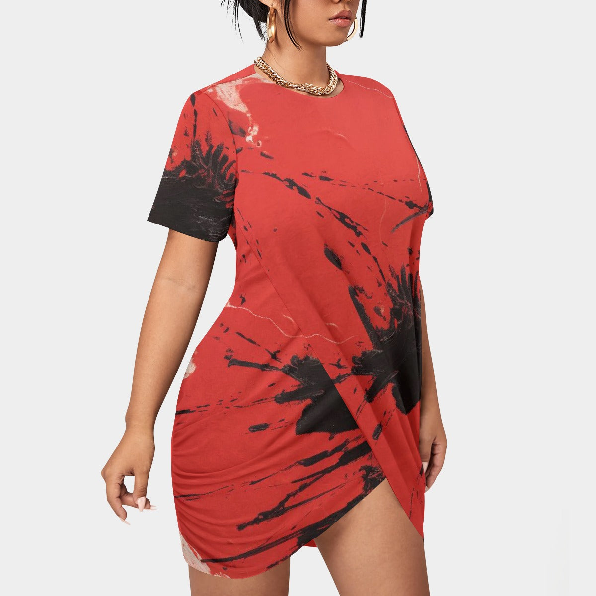 All-Over Print Women’s Stacked Hem Dress With Short Sleeve（Plus Size）
