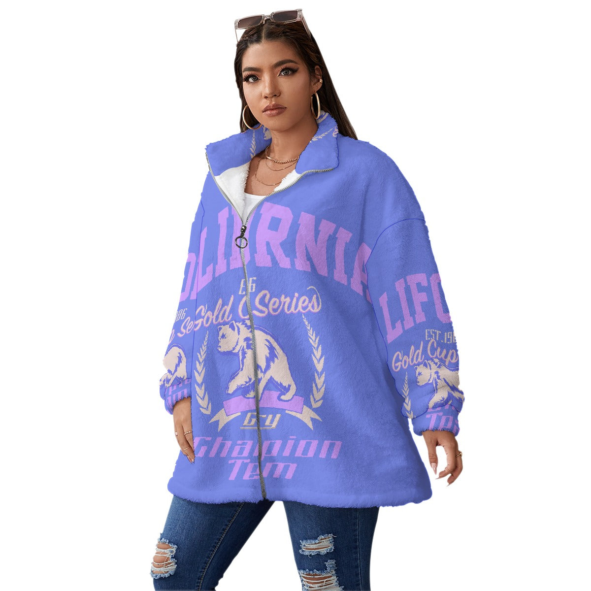 All-Over Print Unisex Borg Fleece Stand-up Collar Coat With Zipper Closure(Plus Size)
