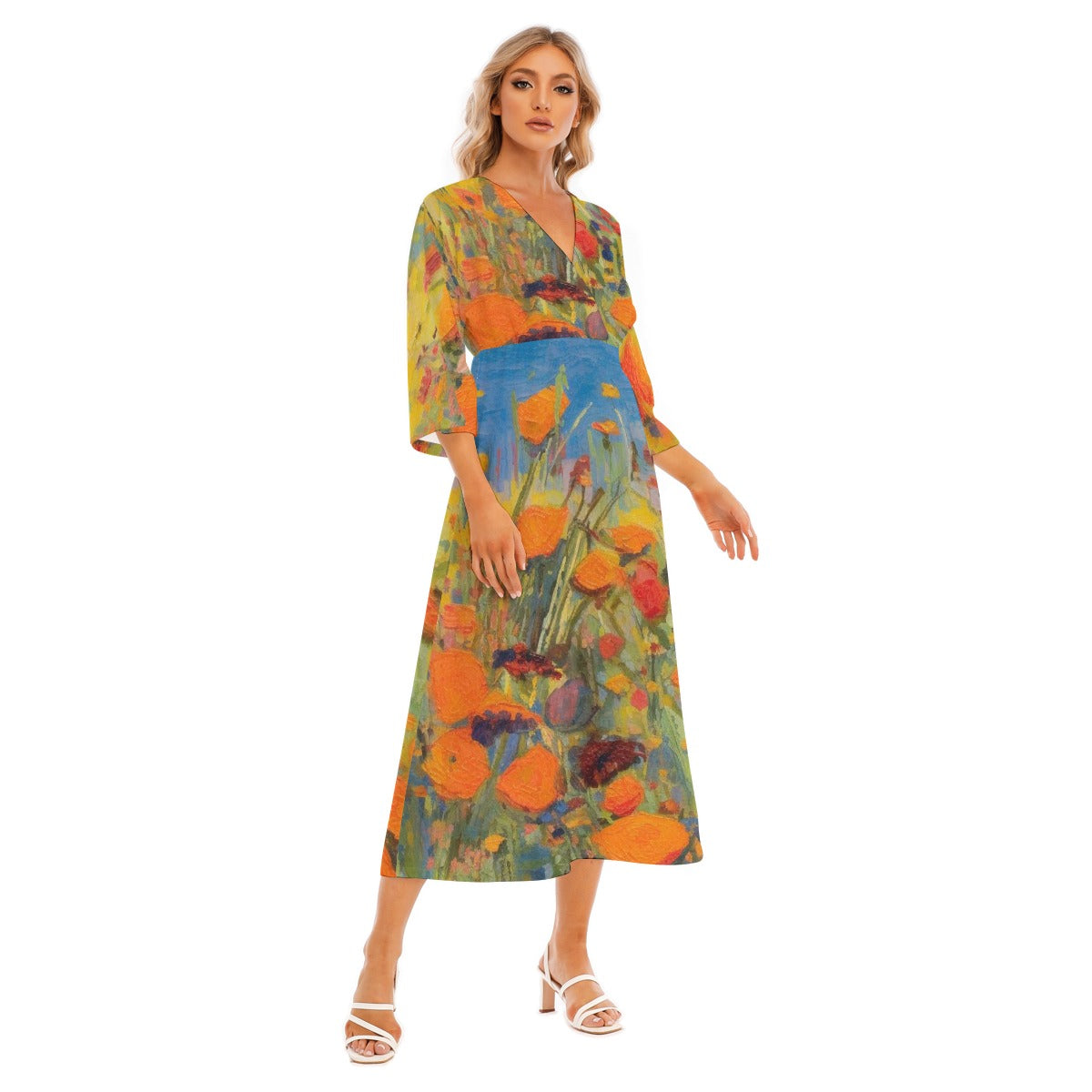 All-Over Print Women's Mid-Sleeve Long Dress