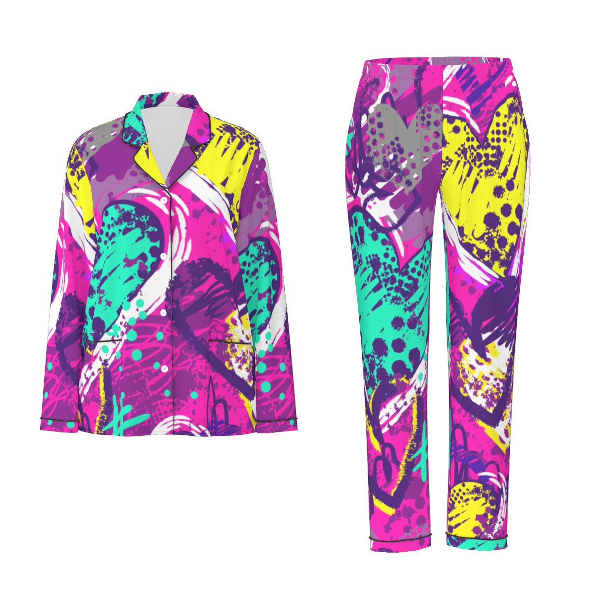 All-Over Print Women's Long Sleeve Pajama Set With Black Contrast Piping