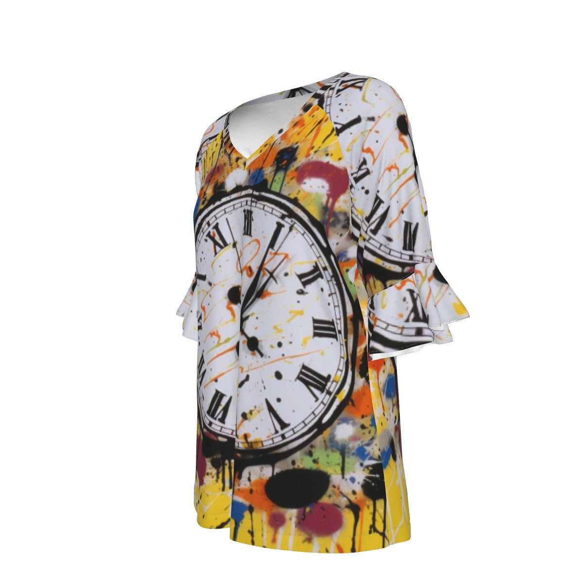 All-Over Print V-neck Women's T-shirt With Bell Sleeve